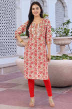 Cream Printed Long Kurti with Gota Lace Detail