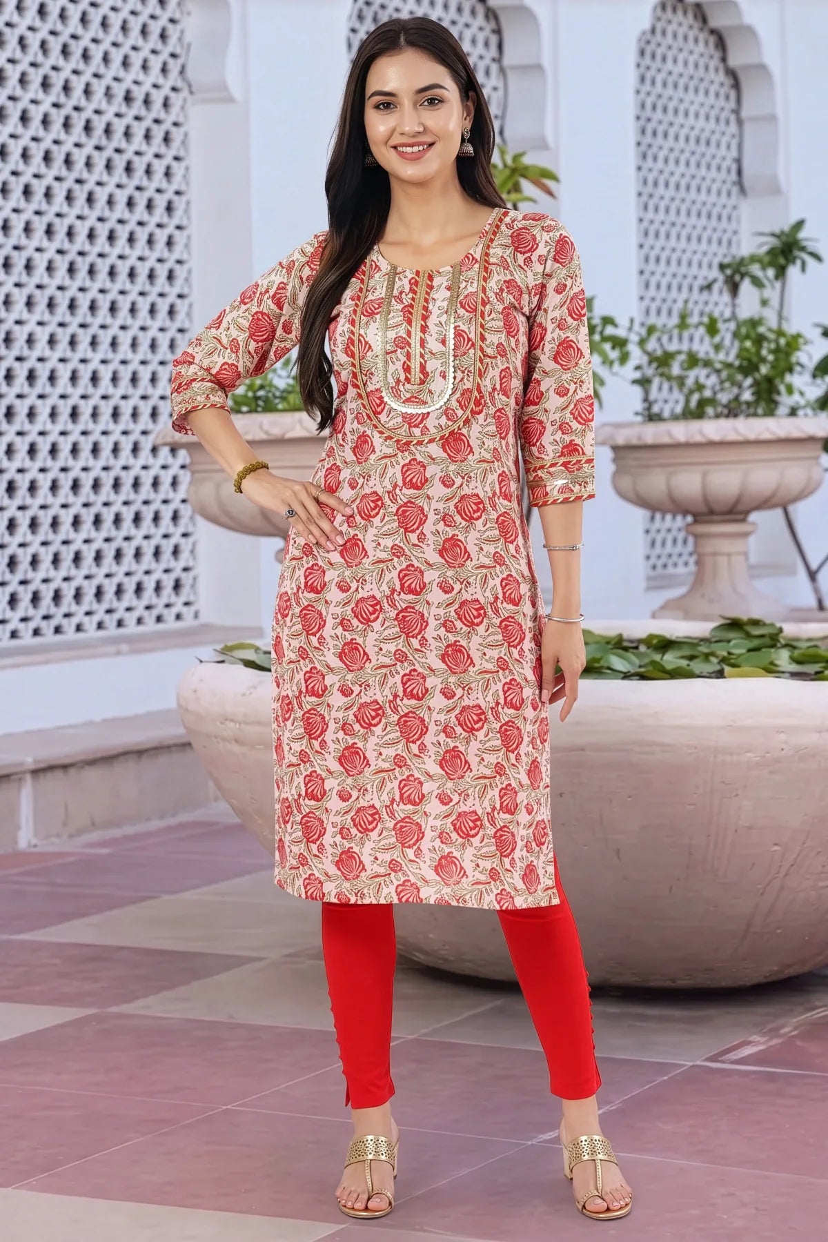 Cream Printed Long Kurti with Gota Lace Detail