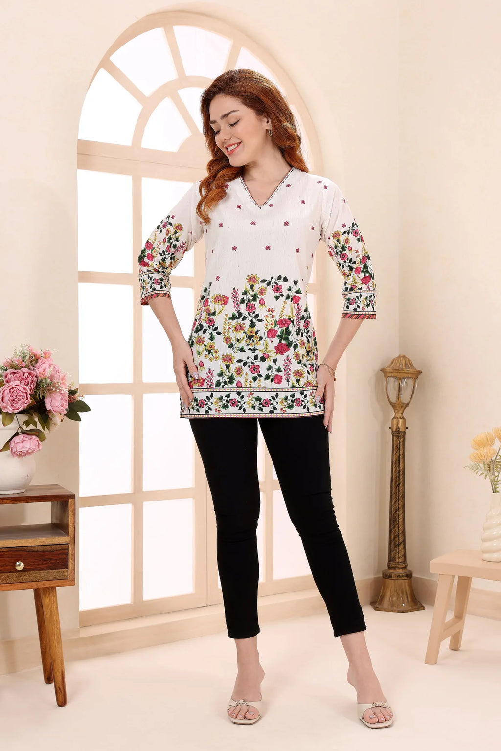 Cream Cotton Short Kurti with Floral Print for Women
