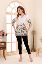 Cream Cotton Short Kurti with Floral Print for Women
