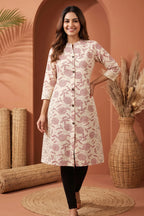 Cream A Line Princess Cut Cotton Kurta with Dark Red Print