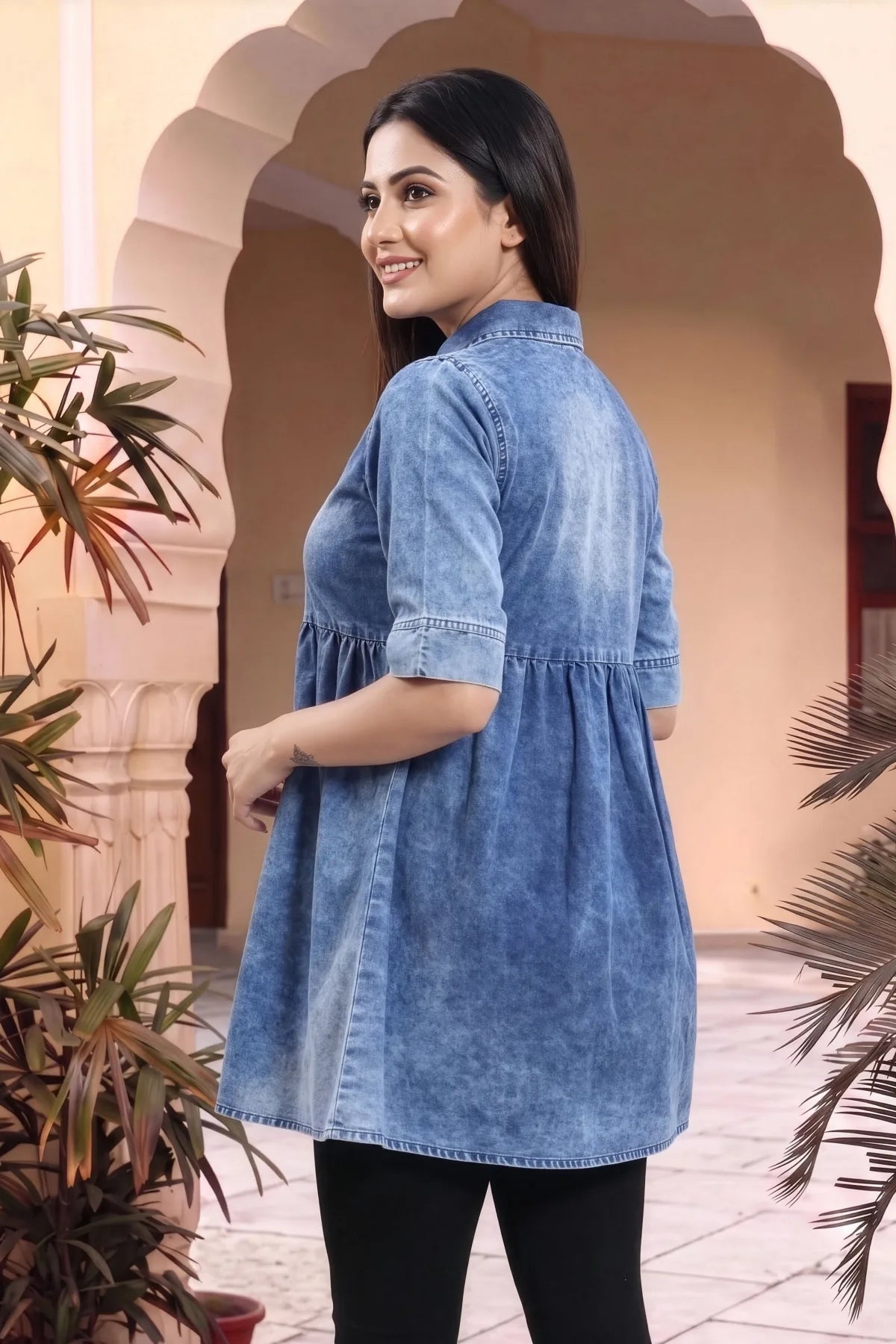 Denim Light Blue Short Frock Style Tunic Top for Women