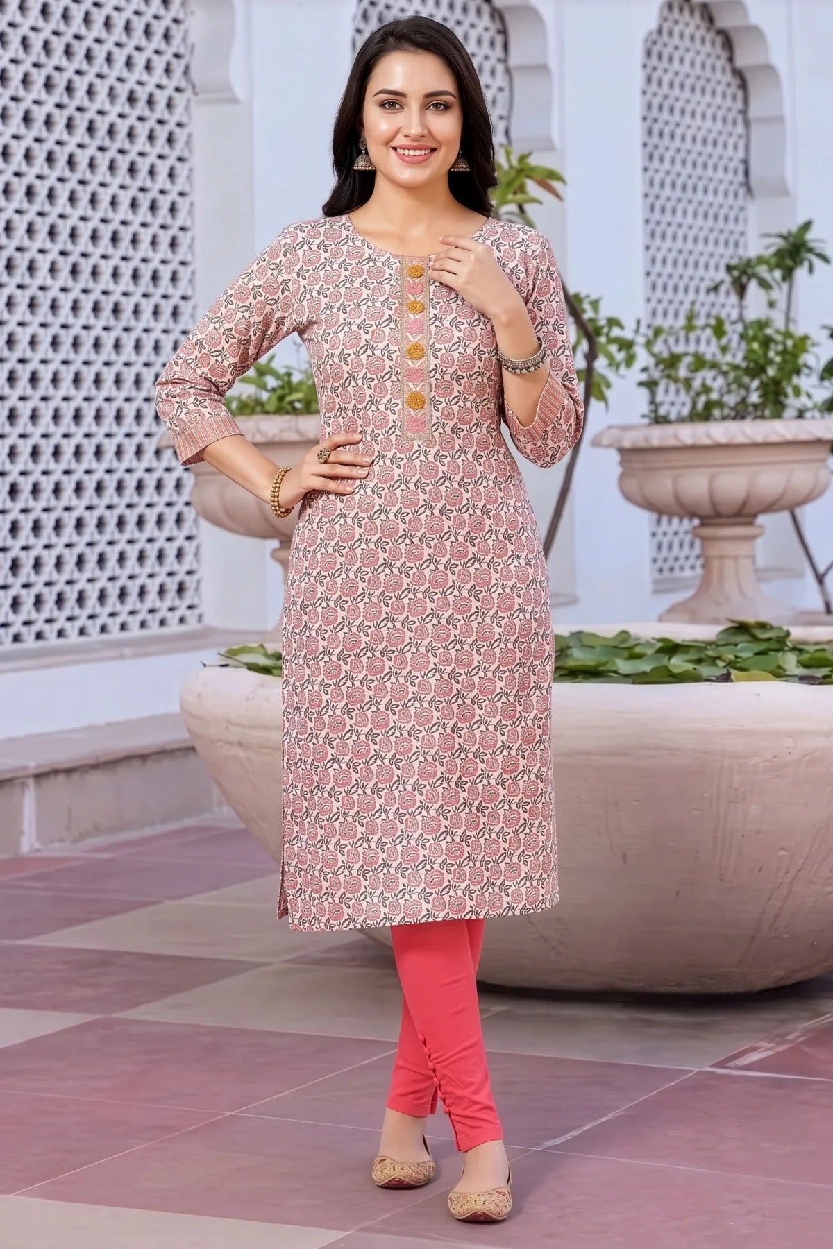 White Jaipuri Print Long Straight Kurti with Embroidery