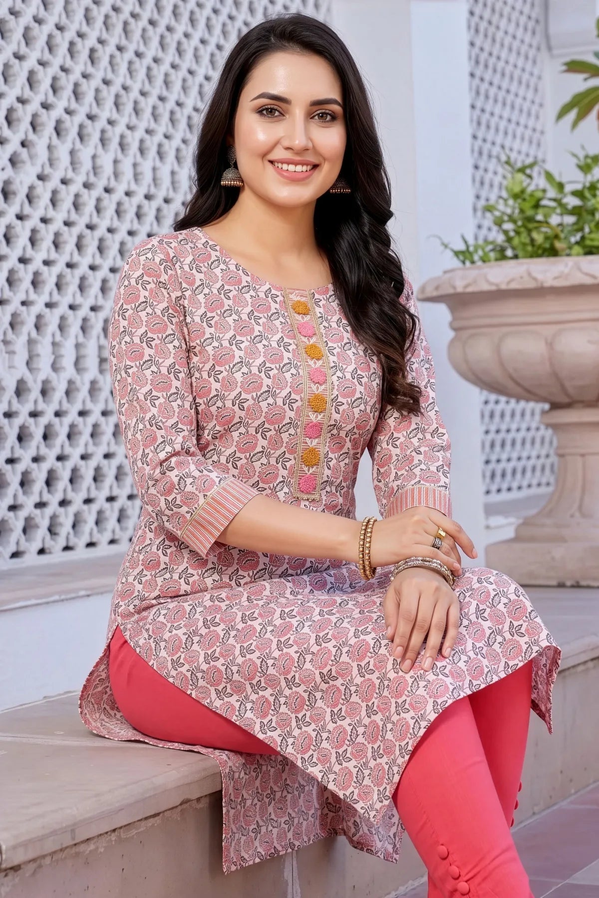 White Jaipuri Print Long Straight Kurti with Embroidery