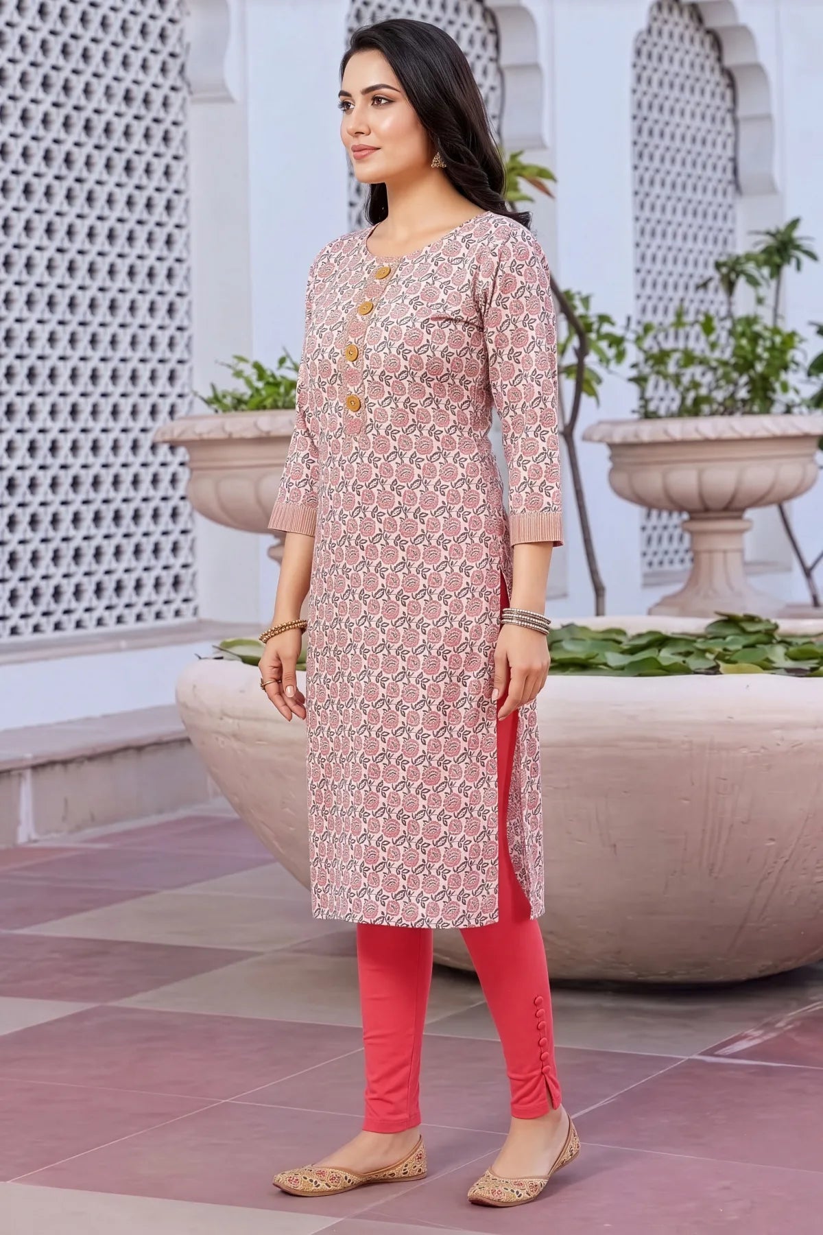 White Jaipuri Print Long Straight Kurti with Embroidery