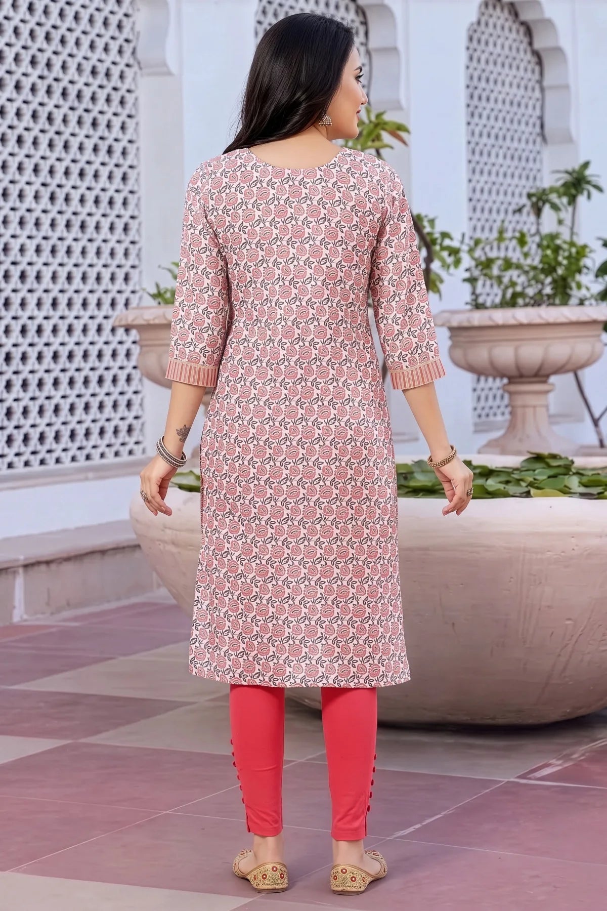 White Jaipuri Print Long Straight Kurti with Embroidery