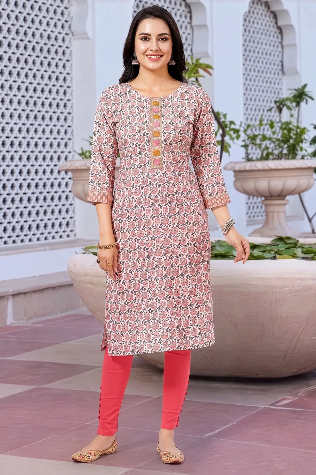 White Jaipuri Print Long Straight Kurti with Embroidery