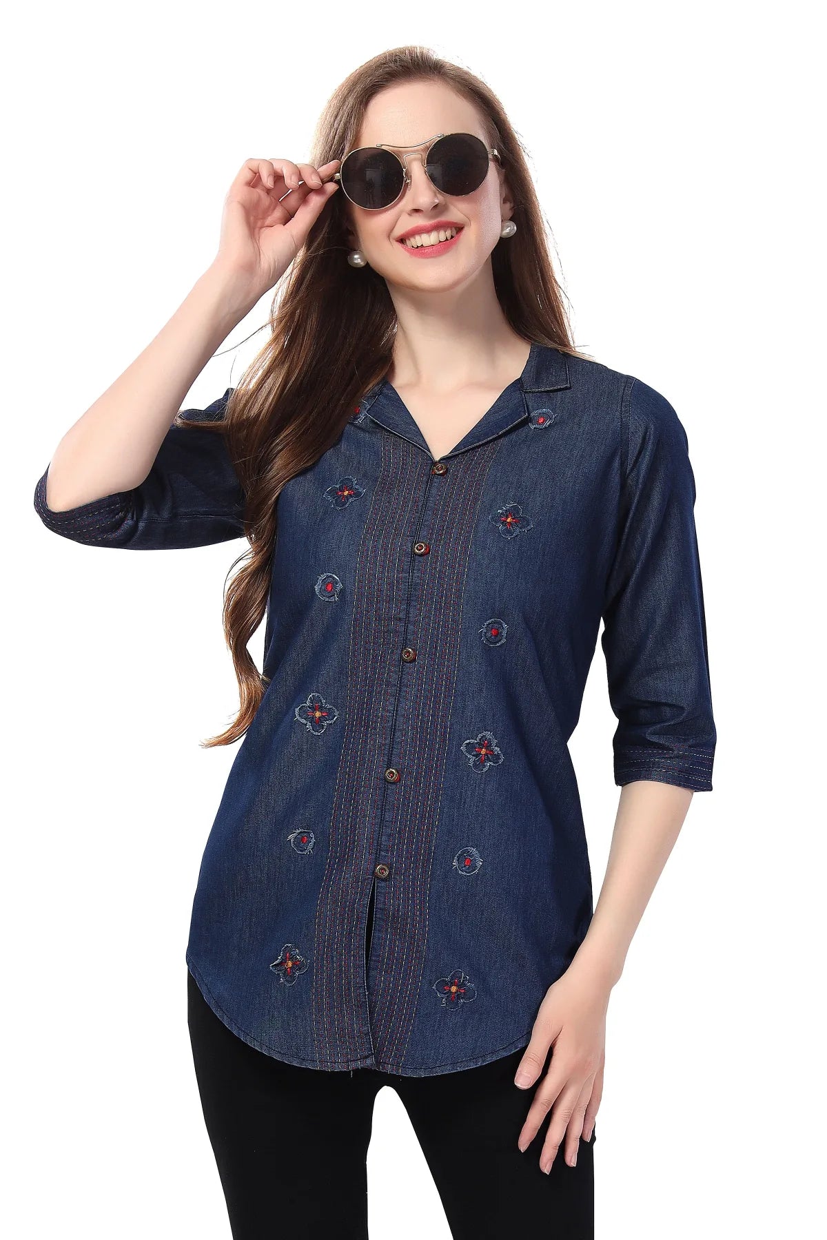 Denim Blue Tunic with Applique Embroidery on Coat Collar