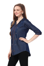 Denim Blue Tunic with Applique Embroidery on Coat Collar