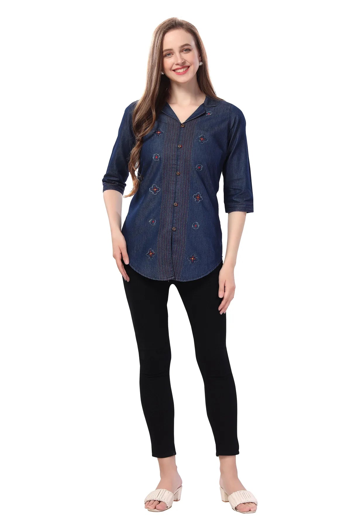 Denim Blue Tunic with Applique Embroidery on Coat Collar