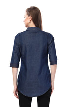 Denim Blue Tunic with Applique Embroidery on Coat Collar