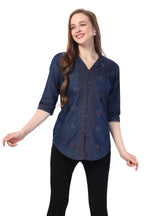 Denim Blue Tunic with Applique Embroidery on Coat Collar