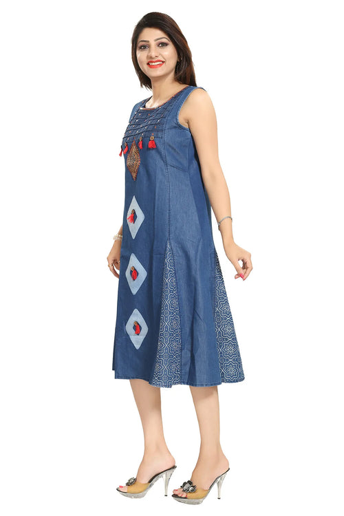 Denim Blue Sleeveless Flared Tunic with Embroidery