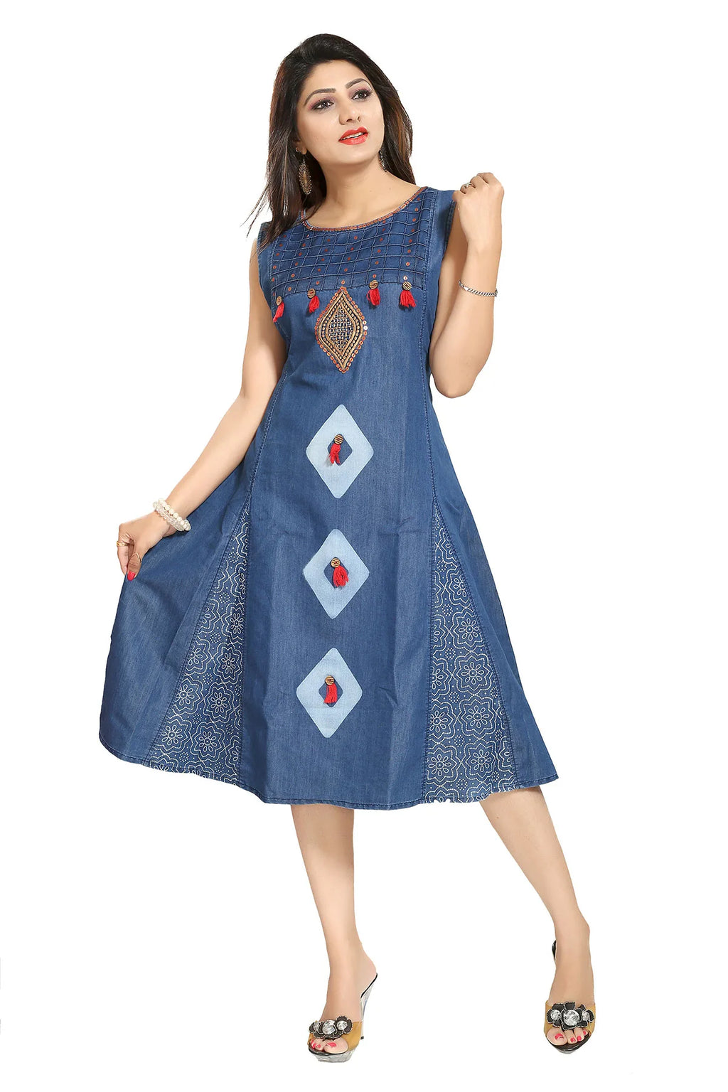 Denim Blue Sleeveless Flared Tunic with Embroidery