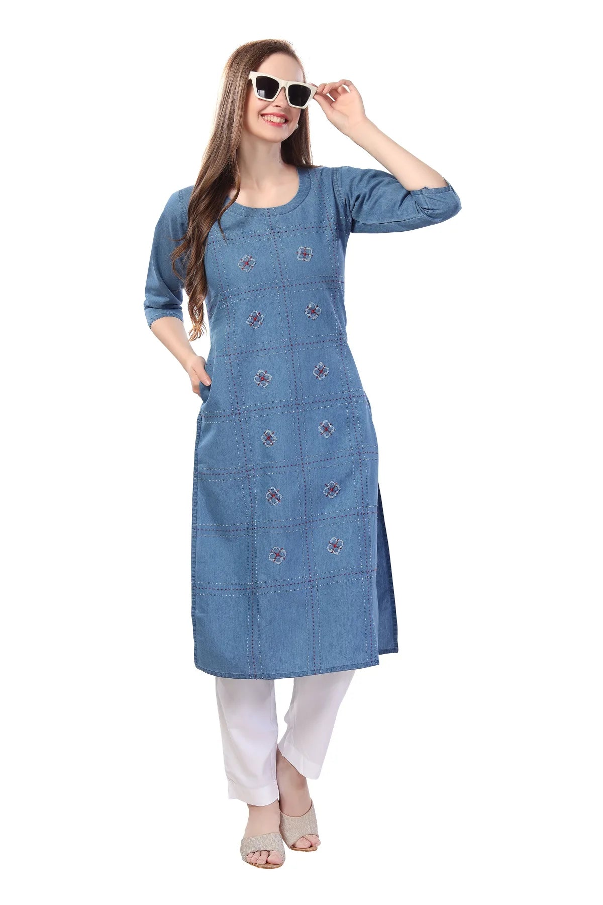 Denim Light Blue Kurti With Patchwork And Thread Work