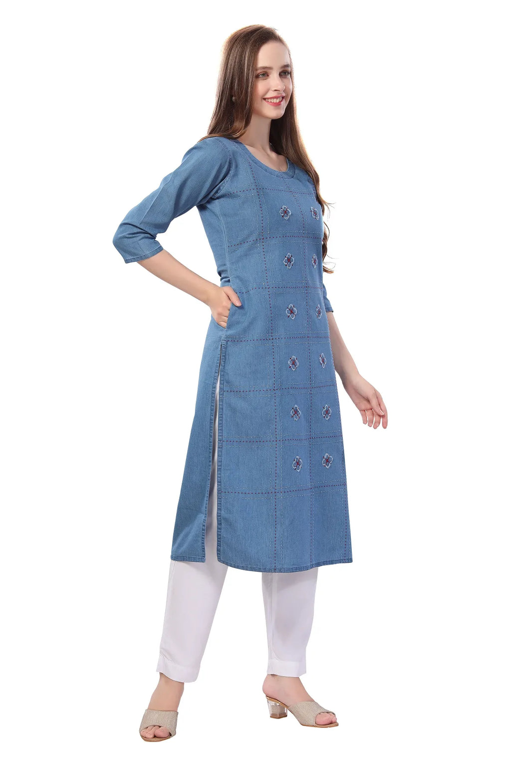 Denim Light Blue Kurti With Patchwork And Thread Work