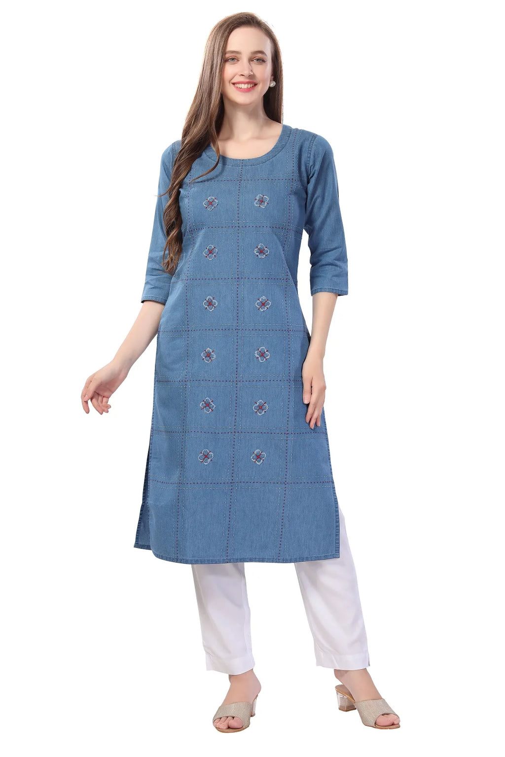 Denim Light Blue Kurti With Patchwork And Thread Work