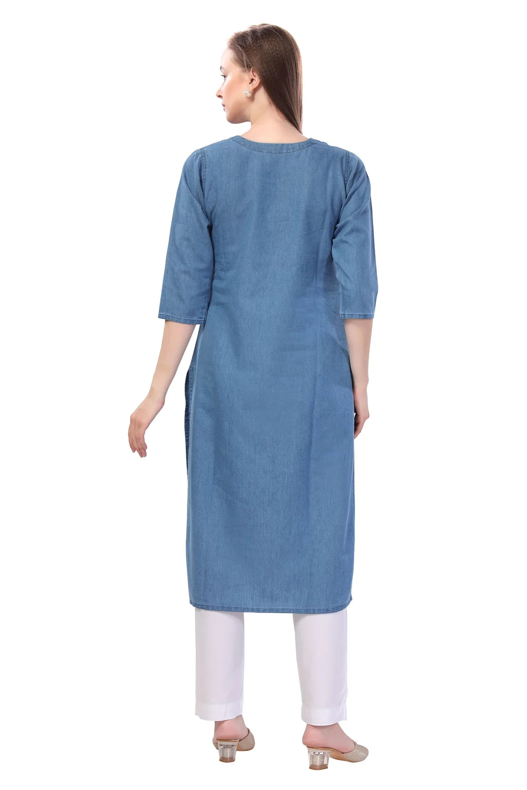 Denim Light Blue Kurti With Patchwork And Thread Work
