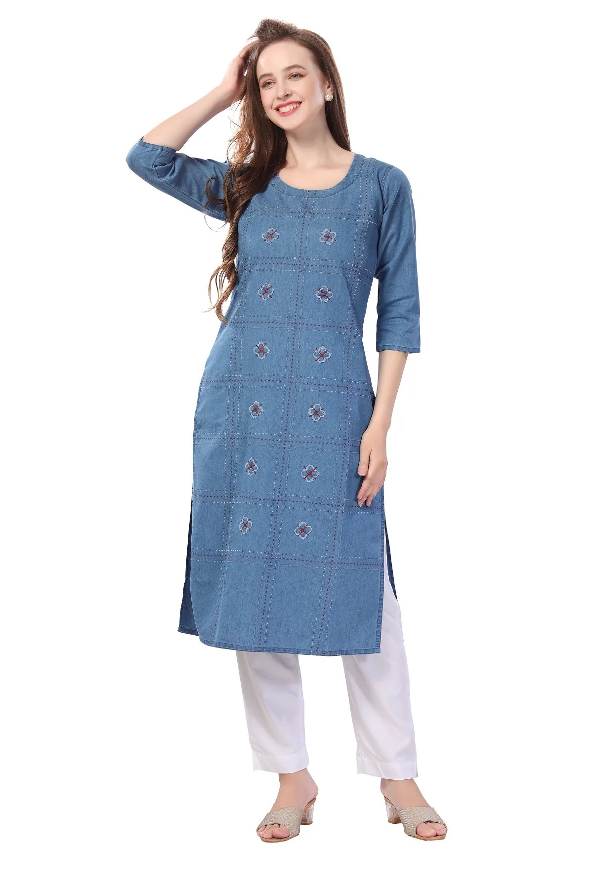 Denim Light Blue Kurti With Patchwork And Thread Work