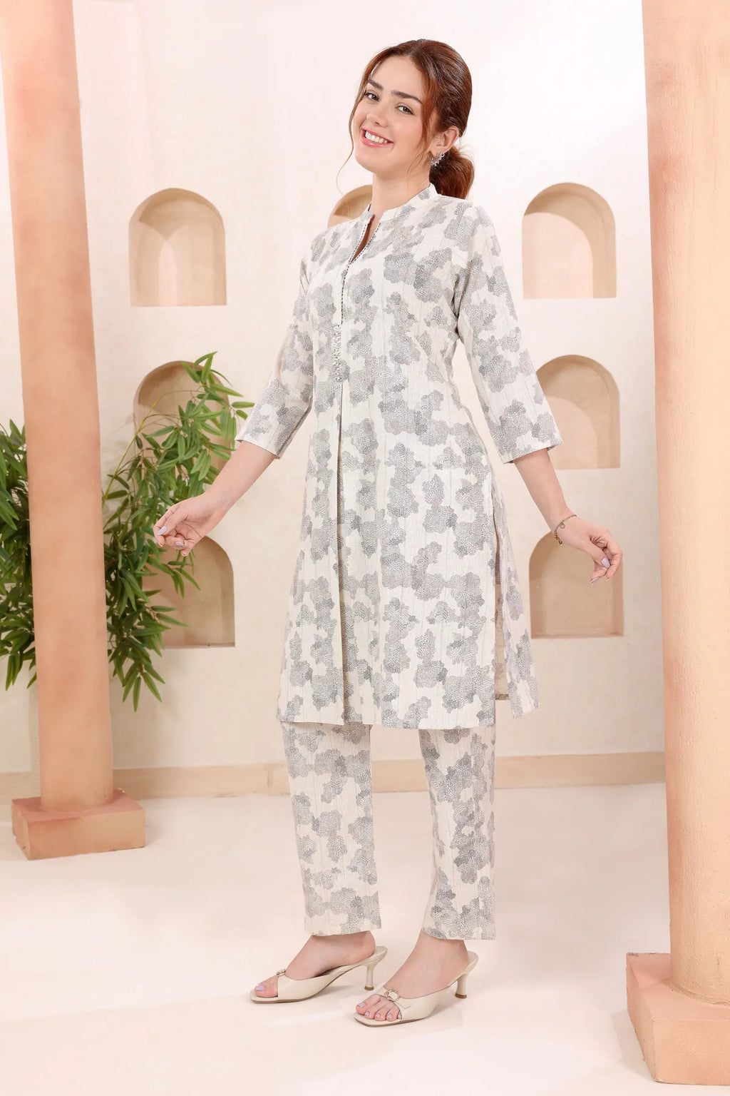 Cream Abstract Print Ban Collar Cotton Co-ord Set