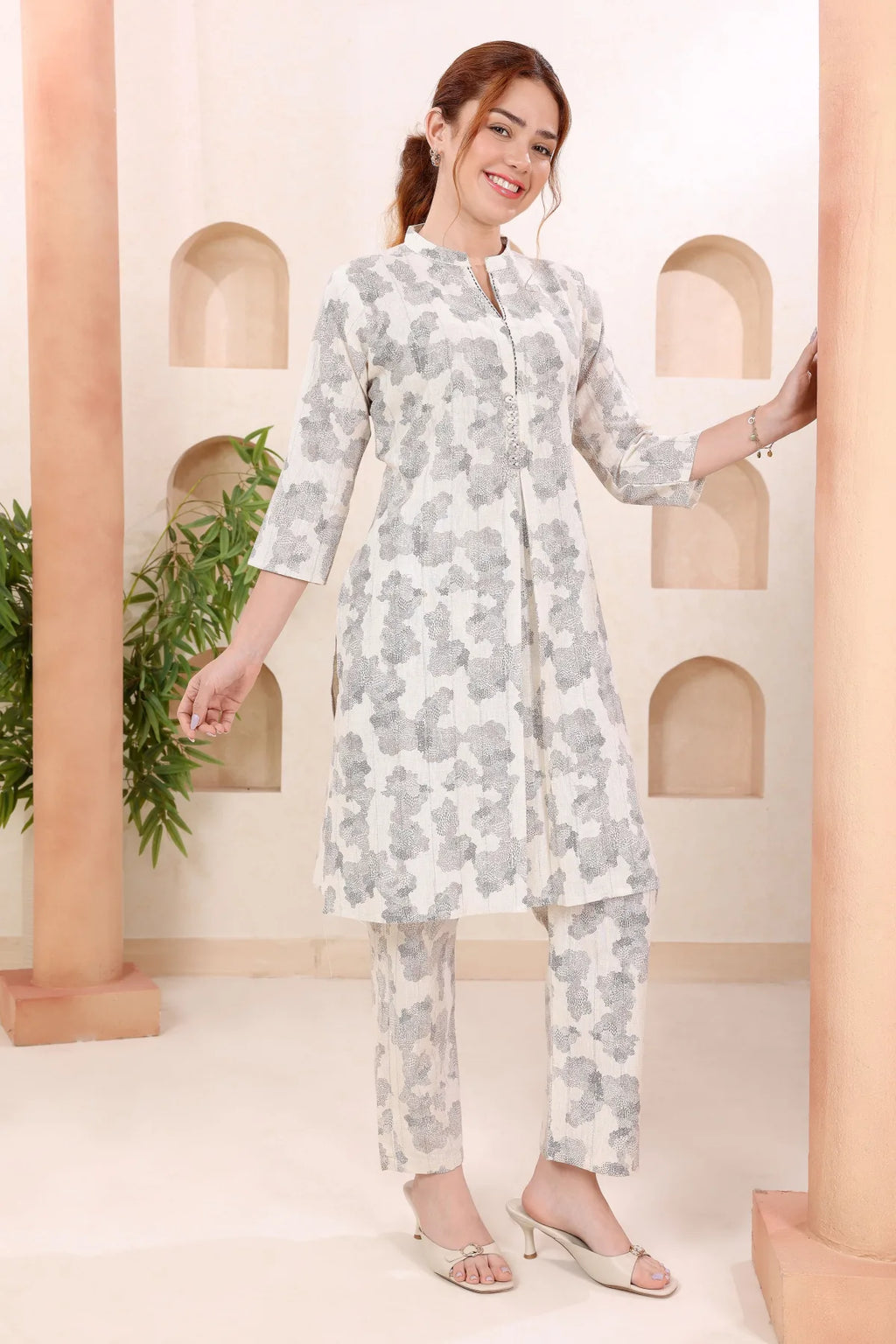 Cream Abstract Print Ban Collar Cotton Co-ord Set