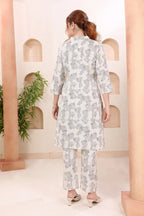 Cream Abstract Print Ban Collar Cotton Co-ord Set