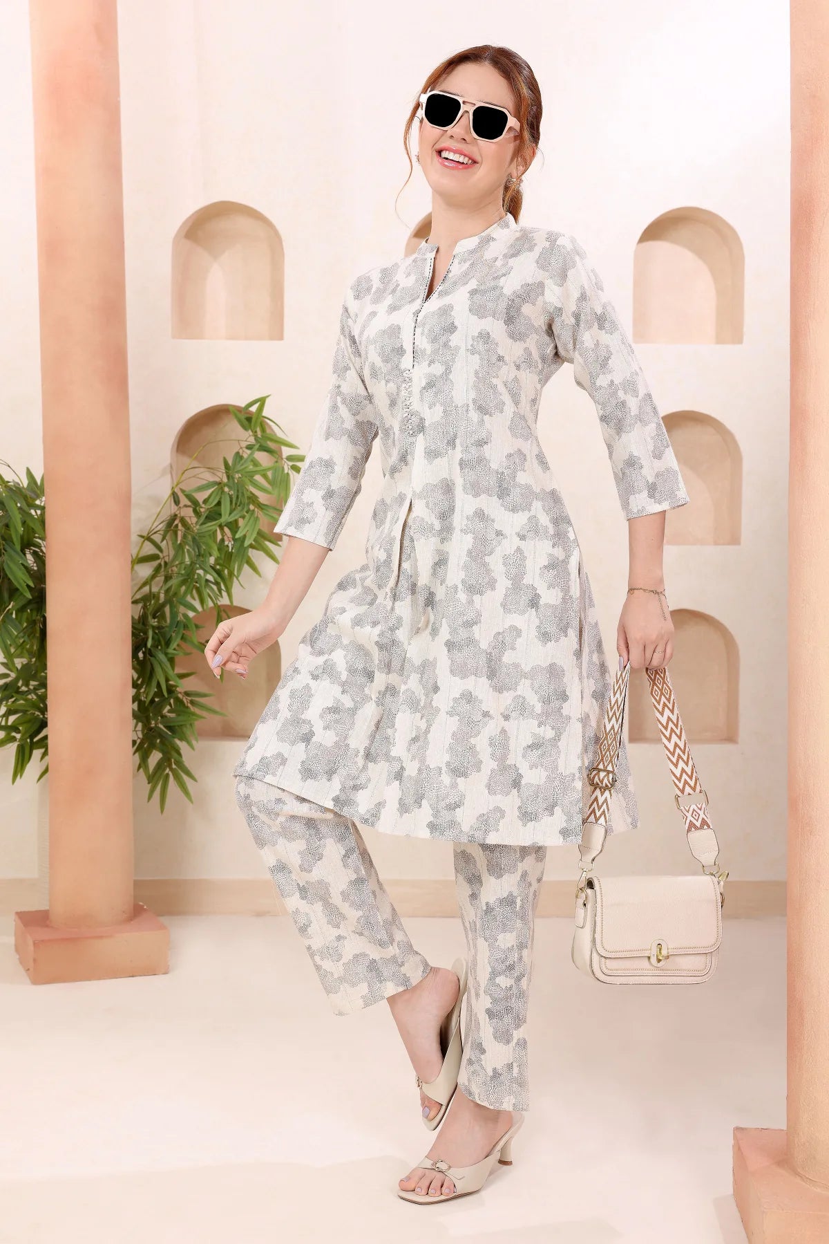 Cream Abstract Print Ban Collar Cotton Co-ord Set
