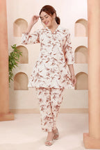 Designer Brown Leafy Print Shirt Collar Cotton Co Ord Set