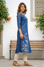 Denim Blue A Line Kurti with V Neck and Mirror Work