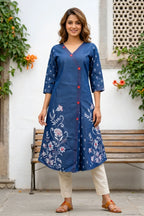Denim Blue A Line Kurti with V Neck and Mirror Work