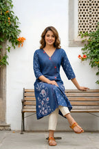 Denim Blue A Line Kurti with V Neck and Mirror Work