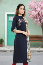 Navy Blue Rayon Long Kurti with Abstract Print Panel