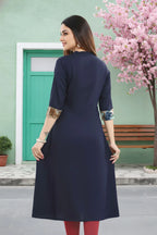 Navy Blue Rayon Long Kurti with Abstract Print Panel