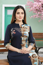 Navy Blue Rayon Long Kurti with Abstract Print Panel