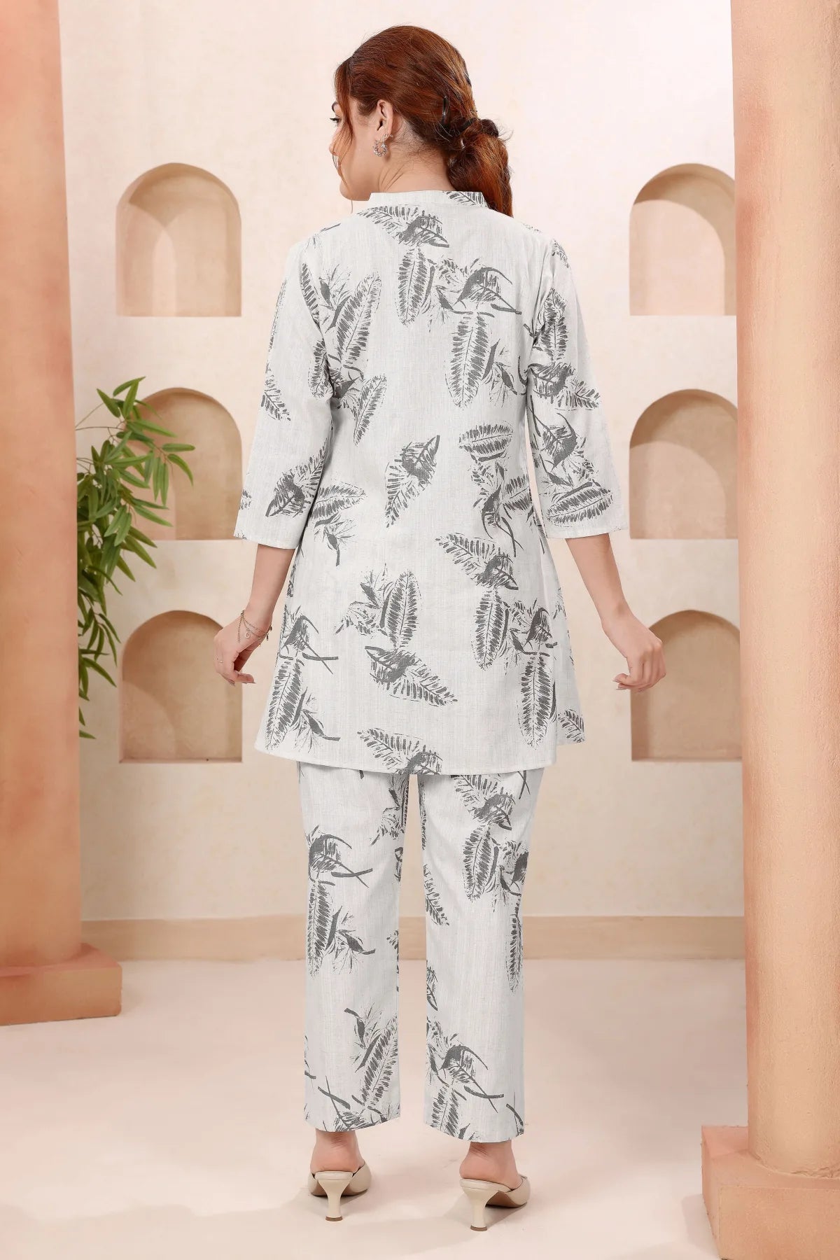 Cream Leafy Print Ban Collar Cotton Co Ord Set
