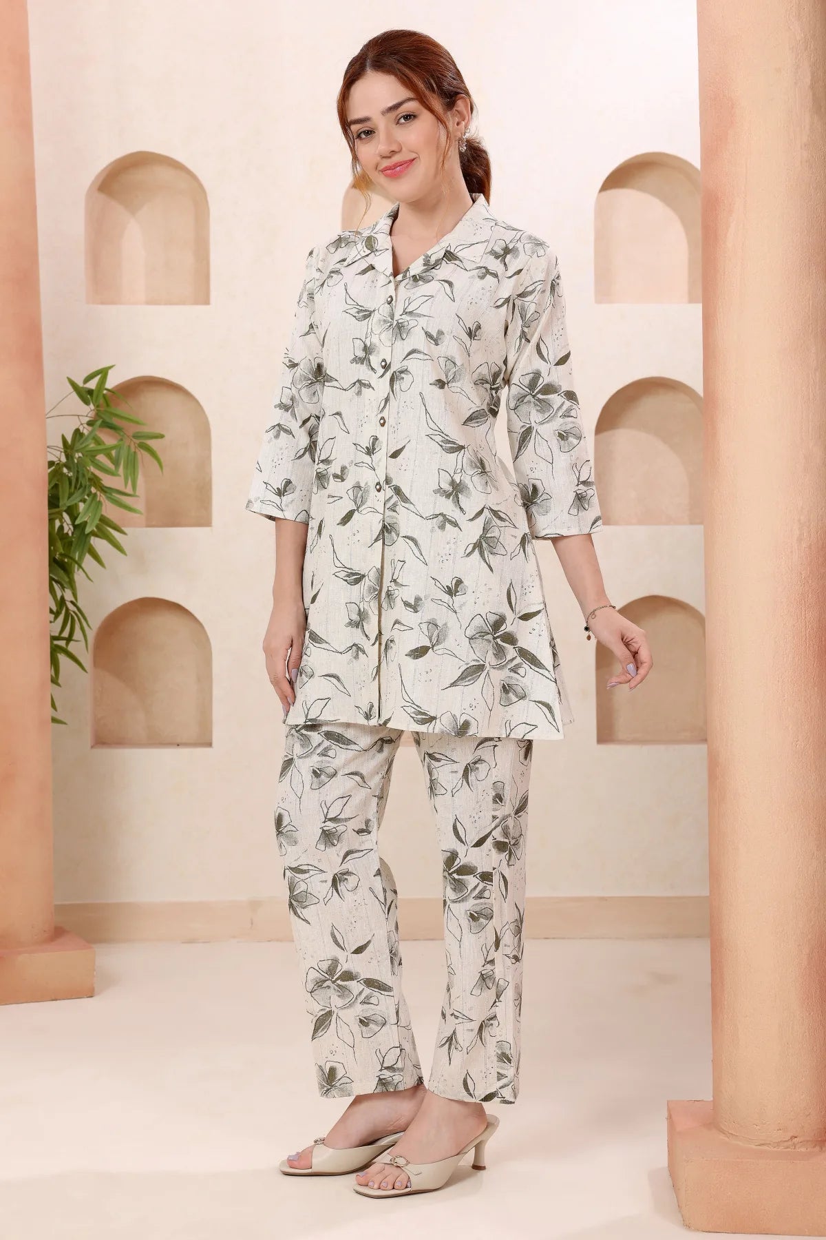 Cream Leafy Print Shirt Collar Cotton Co Ord Set