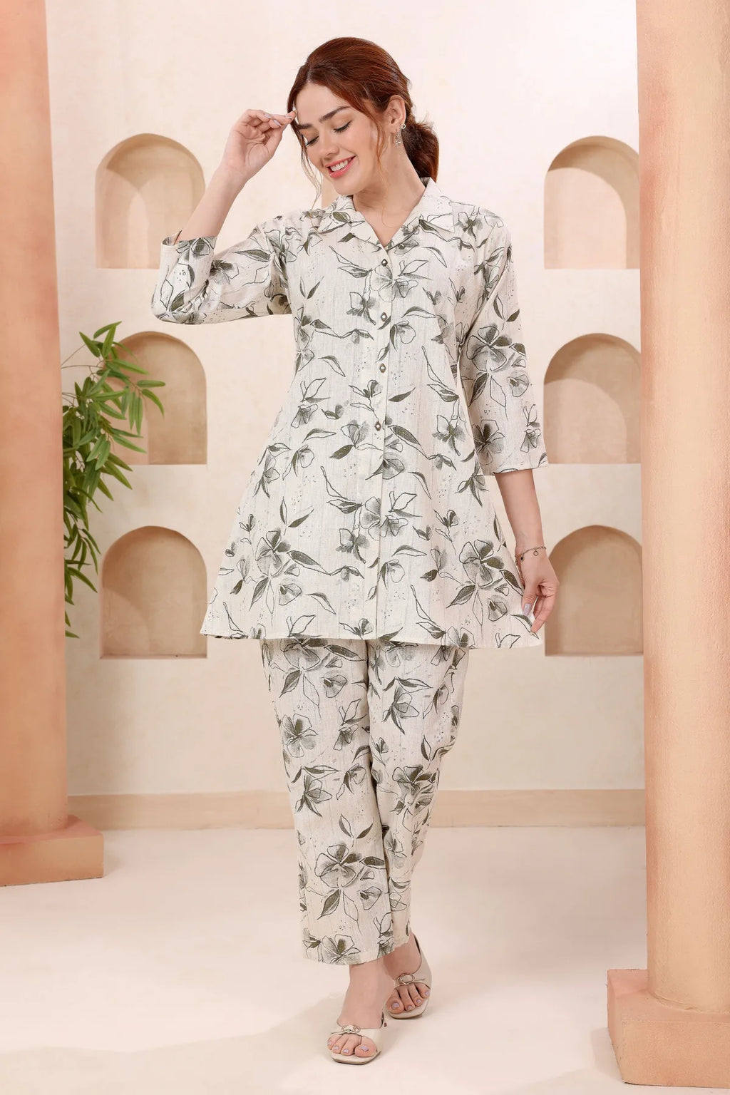 Cream Leafy Print Shirt Collar Cotton Co Ord Set