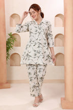 Cream Leafy Print Shirt Collar Cotton Co Ord Set