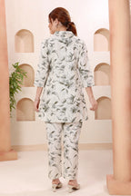 Cream Leafy Print Shirt Collar Cotton Co Ord Set