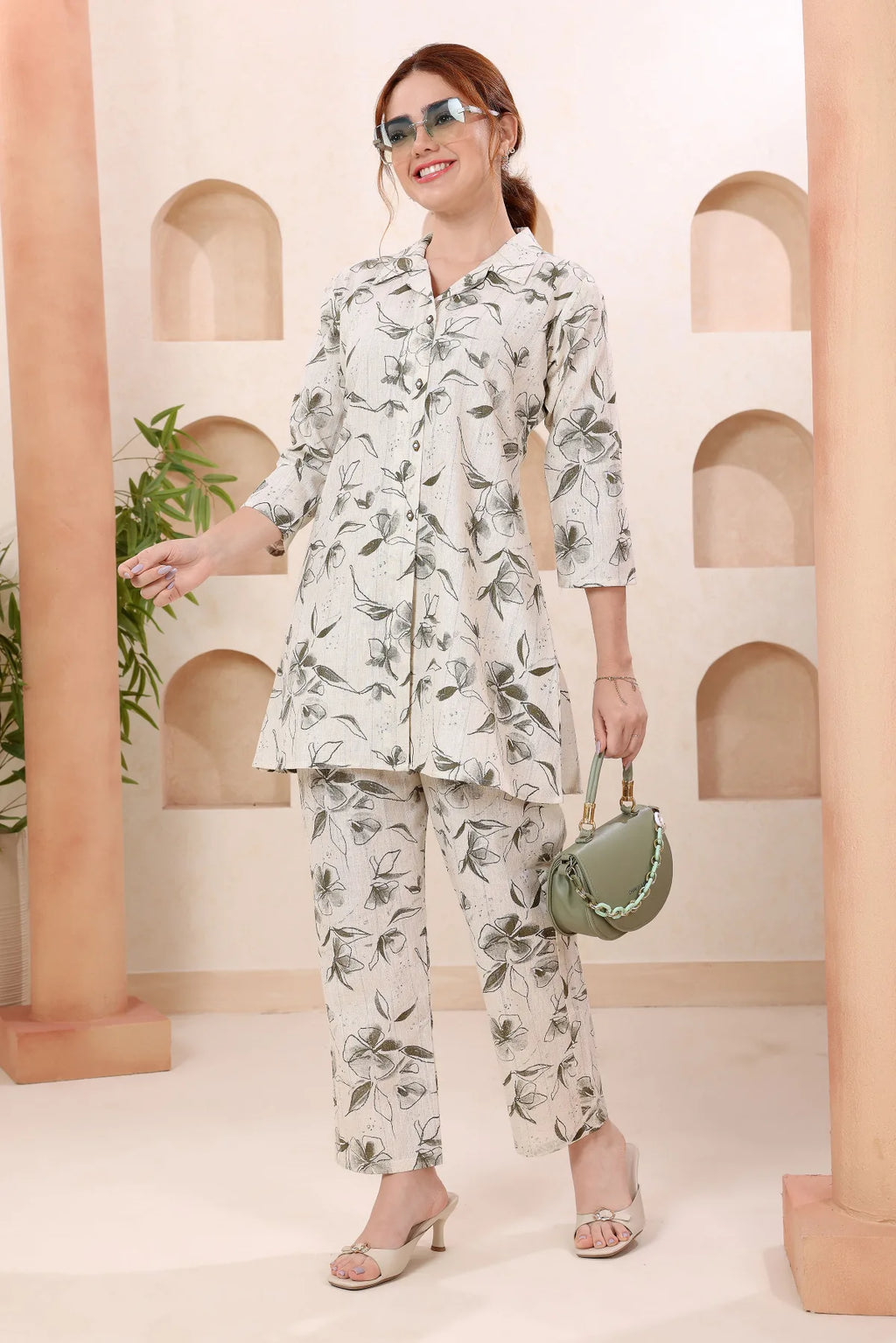 Cream Leafy Print Shirt Collar Cotton Co Ord Set
