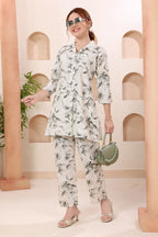 Cream Leafy Print Shirt Collar Cotton Co Ord Set