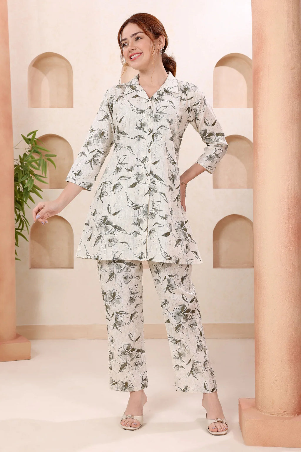 Cream Leafy Print Shirt Collar Cotton Co Ord Set