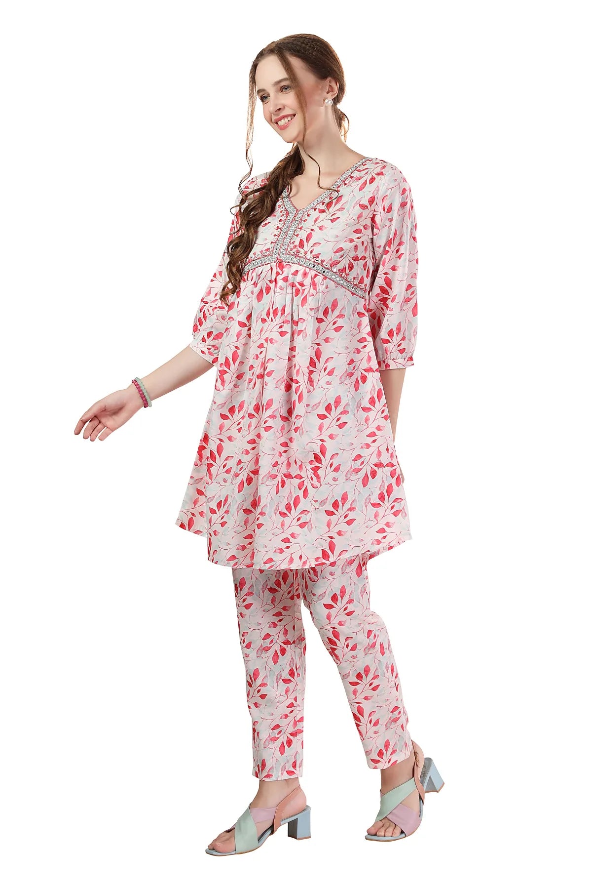 Designer White Leaf Print Cotton Co-Ord Set
