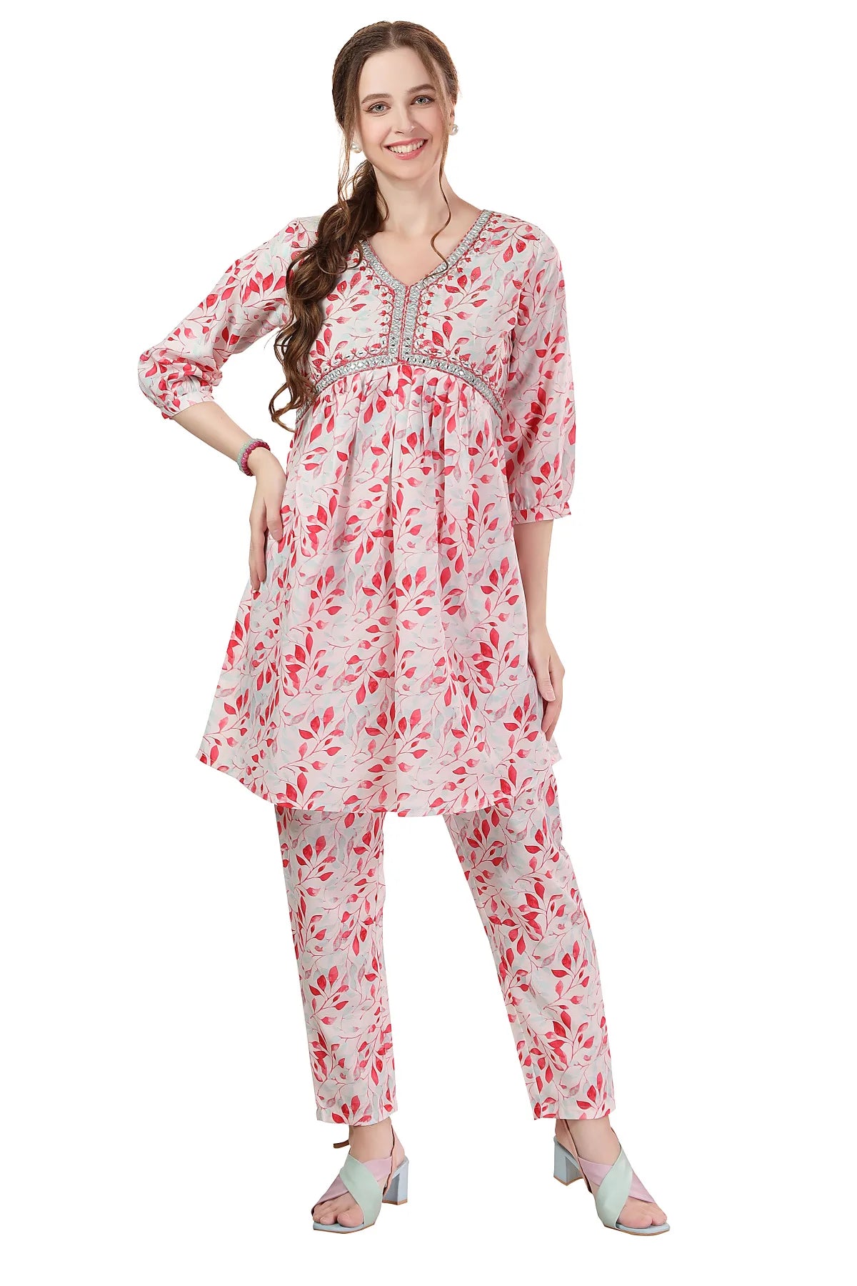 Designer White Leaf Print Cotton Co-Ord Set