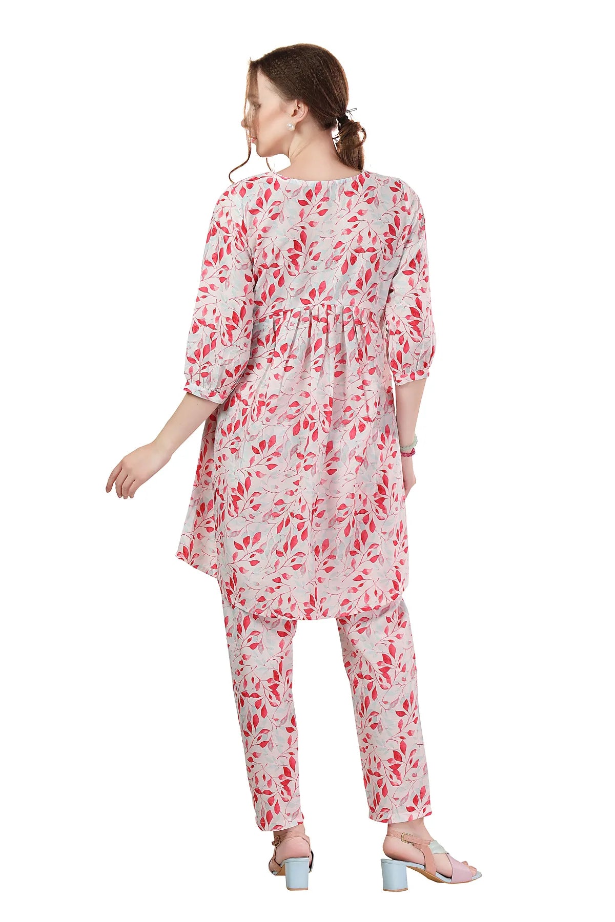 Designer White Leaf Print Cotton Co-Ord Set
