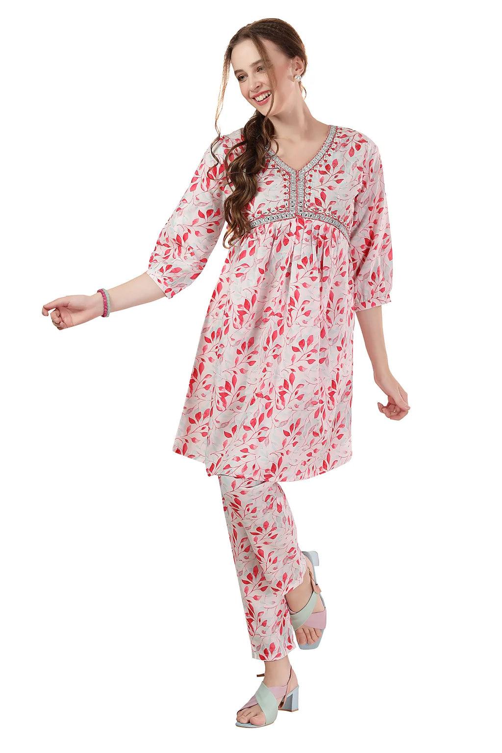 Designer White Leaf Print Cotton Co-Ord Set
