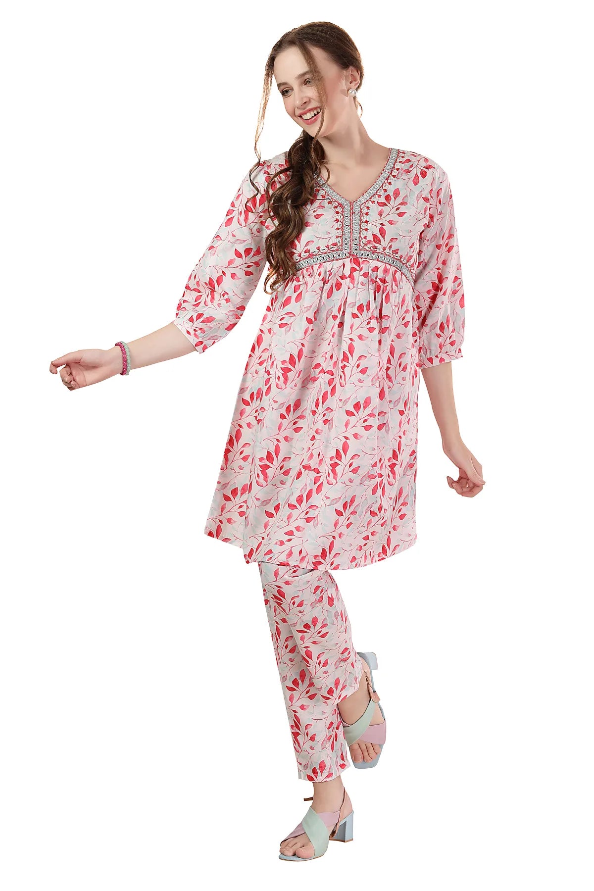 Designer White Leaf Print Cotton Co-Ord Set