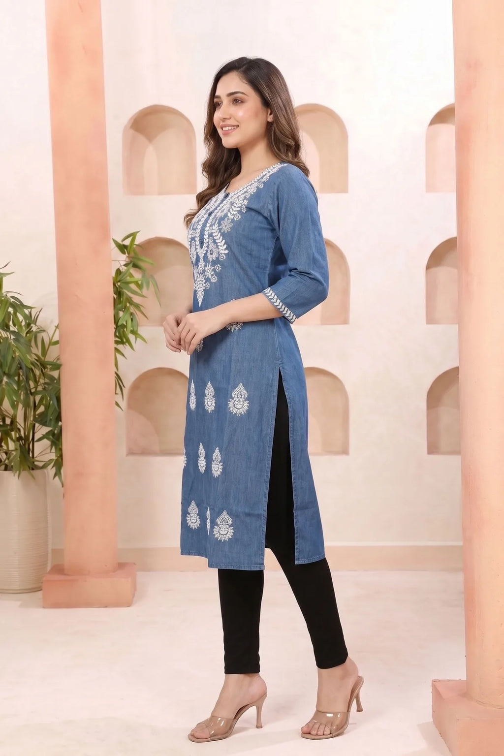 Indigo Blue Denim Long Kurti with Chikankari Embroidery