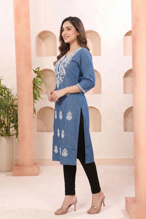 Indigo Blue Denim Long Kurti with Chikankari Embroidery