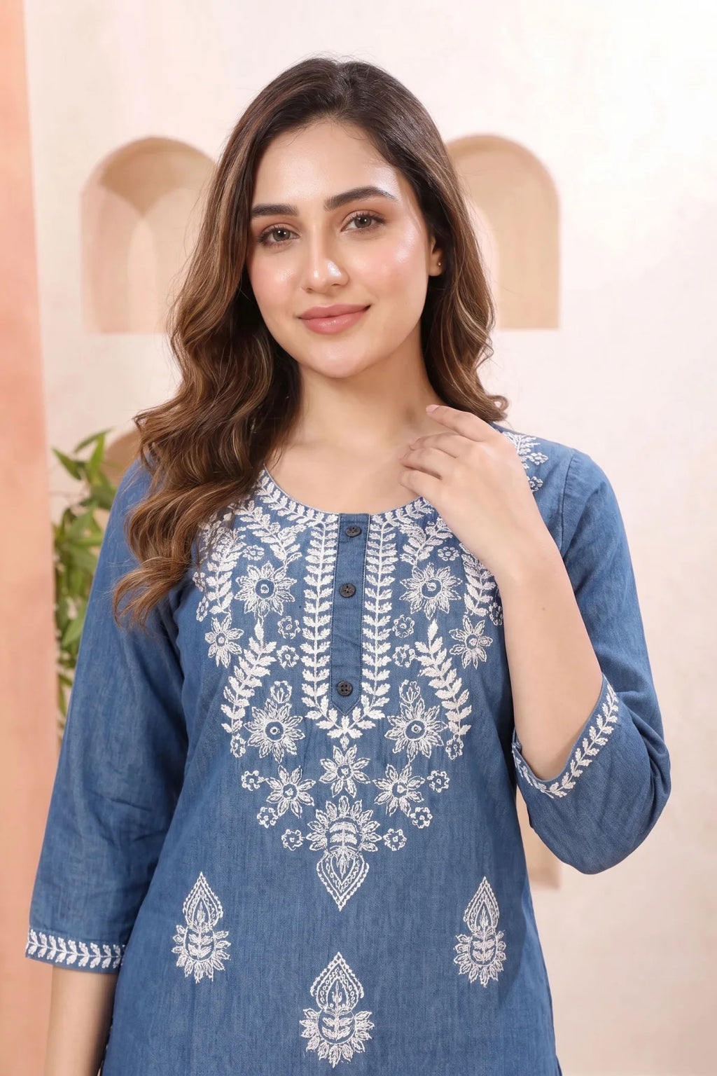 Indigo Blue Denim Long Kurti with Chikankari Embroidery
